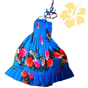 VTG 70s Hawaiian Day Glo Dress Authentic Muumu Sundress Flowing Shirred Tie On